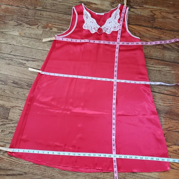 Vintage Red Satin Slip Dress Nightie Lace Rosette Beads Romantic Dark Coquette - Picture 6 of 12